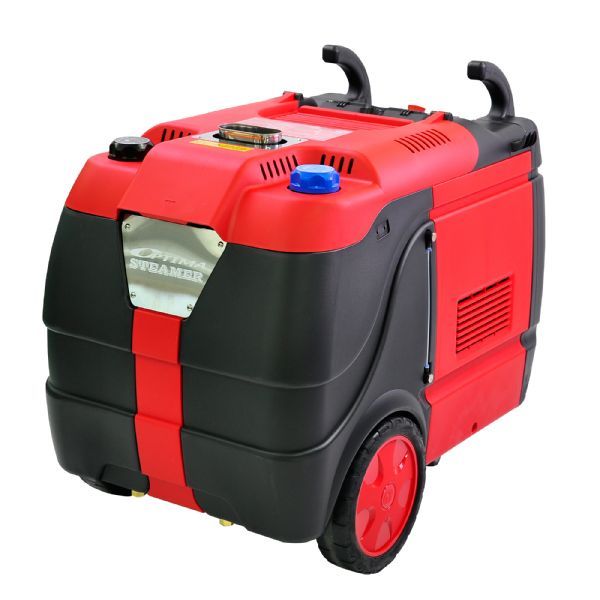 Robust damprenser med nødstopp, LCD-skjerm og store tanker. Perfekt for bilpleie, desinfisering og ugressfjerning uten kjemikalier.
